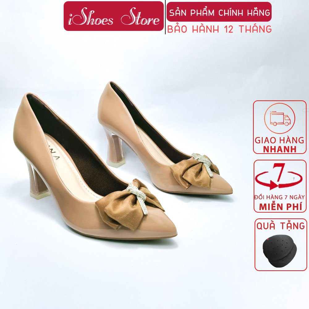 Giày SUNA da bóng đính nơ cao cấp gót vuông bọc mica cao 7cm - D775