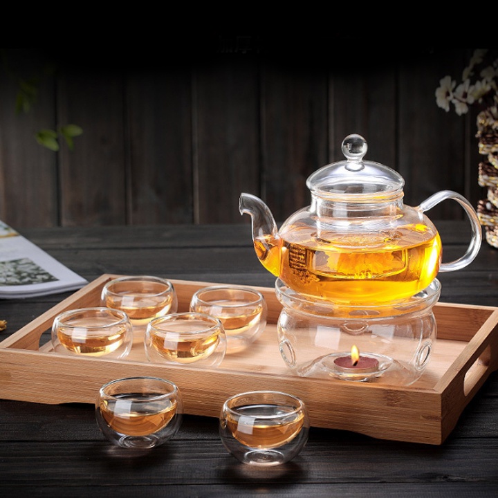Bộ Ấm trà thủy tinh kèm khay gỗ tre chịu nhiệt dung tích 600ml có đế nến đun trà Bình trà thủy tinh tiệc trà đun nóng