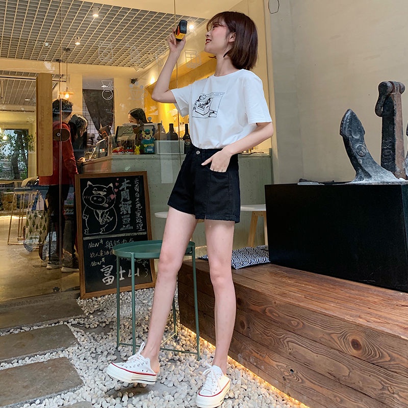 Quần Short Denim Lưng Cao Ống Rộng Màu Đen Thời Trang Mùa Hè Phong Cách Hàn Quốc Cho Nữ