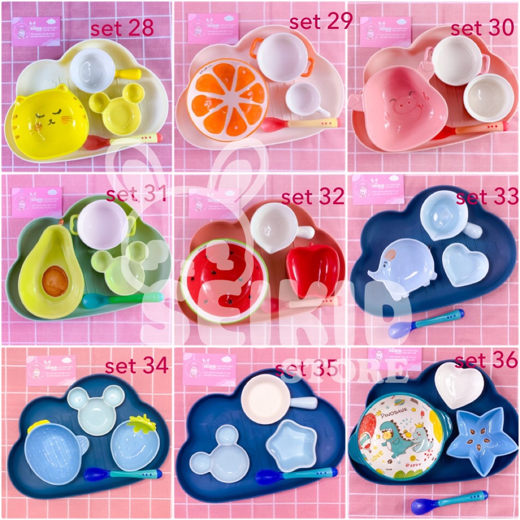Combo Set Bát Sứ Ăn Dặm Cho Bé Đủ Màu Ngộ Nghĩnh Gồm Khay 3 Bát Ăn Sứ Kèm Thìa Báo Nóng Seikid Store