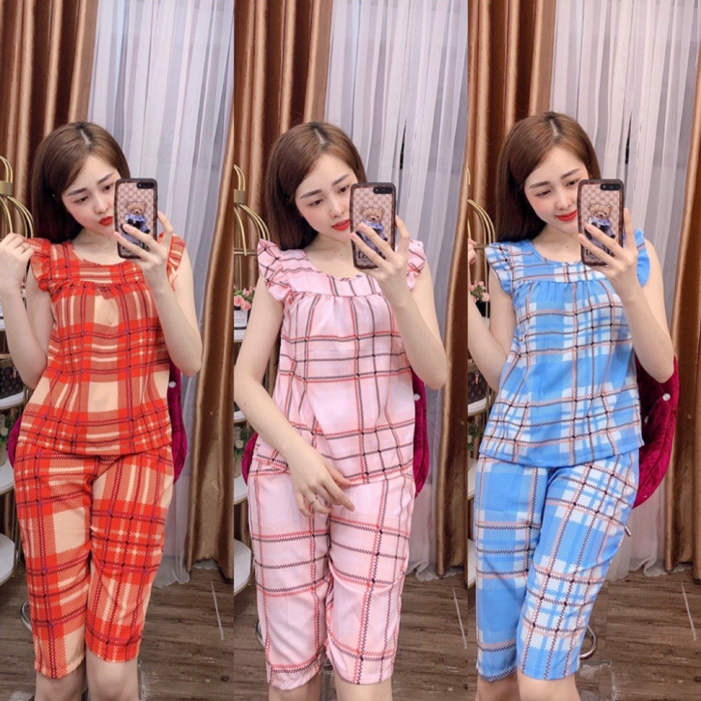 Đồ bộ mặc nhà quần lửng, bộ ngủ nữ lụa loại 1 họa tiết caro ảnh thật size 40-75kg - LUA19