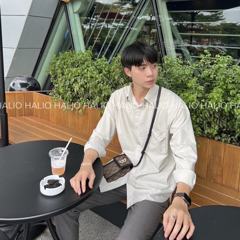 Áo sơ mi dài tay nam màu be - xanh nhạt trang trí sau lưng, chuẩn form - Regular fit, đứng form - HALIOMAN