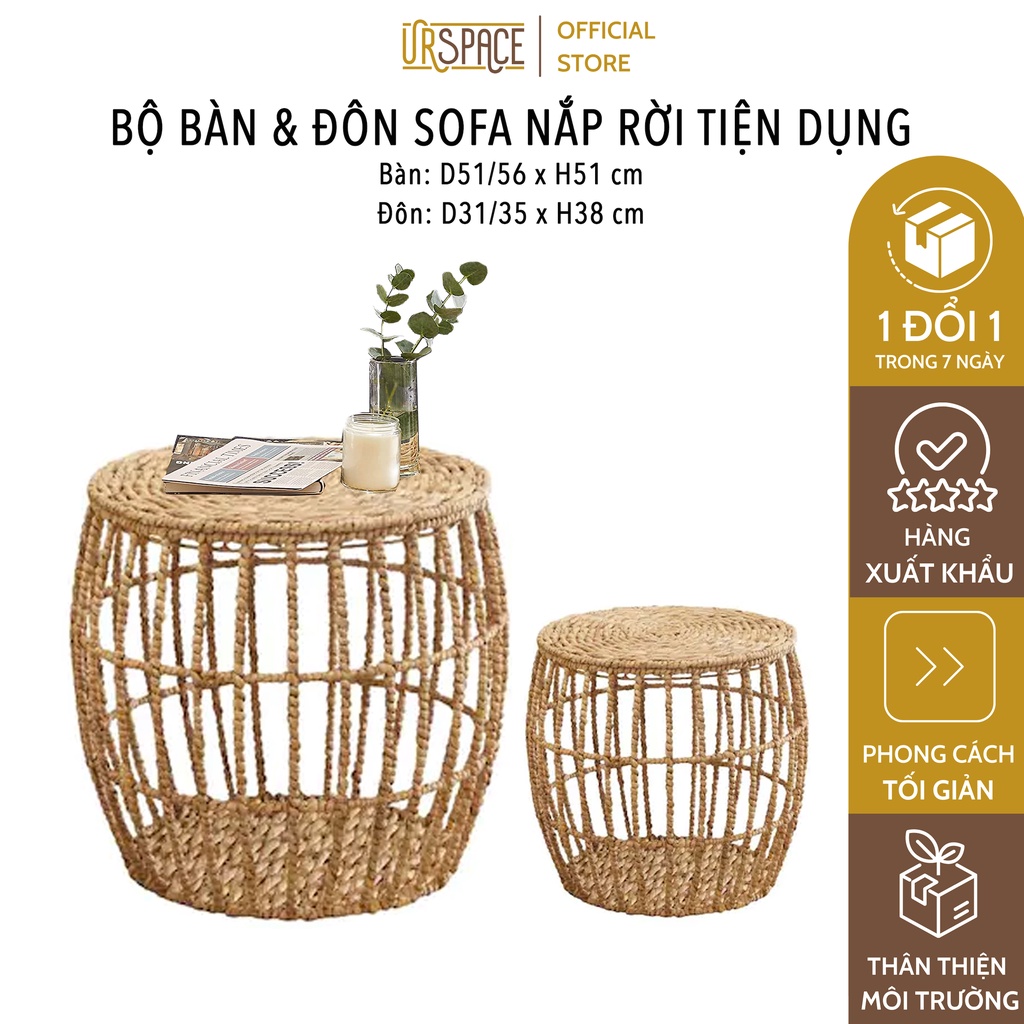 Bộ bàn & ghế sofa kết hợp giỏ đa năng bằng cói phong cách Hàn Quốc/ Combo of hyacinth storage table and seating stool