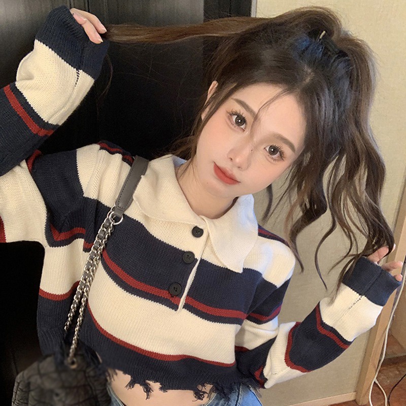 Áo Croptop Dệt Kim Tay Dài Kẻ Sọc Phối Tua Rua Thời Trang Vintage Hàn Quốc Cho Nữ