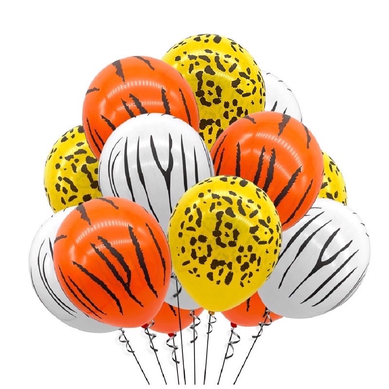 Set 10 bóng họa tiết da báo, hổ vằn, chó đốm, bò sữa, ngựa vằn trang trí sinh nhật chủ đề rừng xanh, động vật