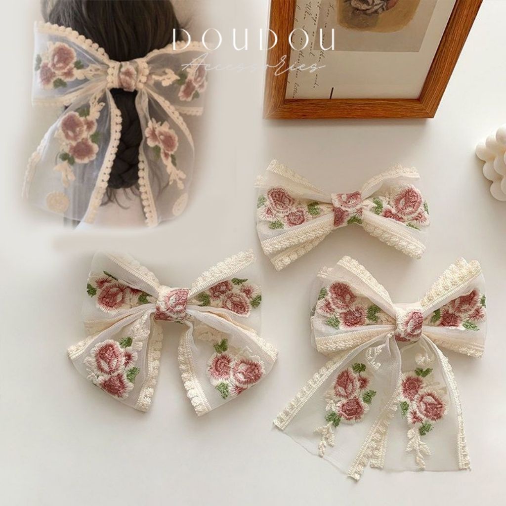 Phụ kiện kẹp tóc xinh DOUDOU Cặp tóc Kẹp tóc nơ tiểu thư thêu hoa công chúa nàng thơ phong cách Hàn Quốc Hottrend FJ017