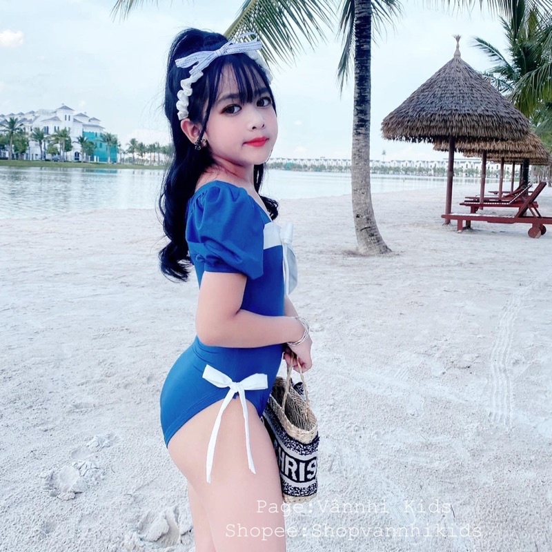 Bikini , đồ bơi liền thân nơ trắng bé gái