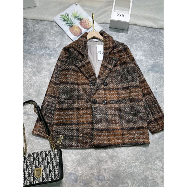 Áo khoác dạ nữ cổ vest, kẻ xinh xắn, trẻ trung.Áo khoác blazer 2 lớp dáng dài đẹp, xinh.