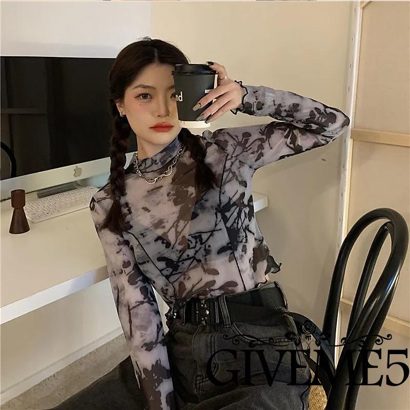 Áo Croptop Tay Dài Phối Lưới Xuyên Thấu In Họa Tiết Trừu Tượng Thời Trang Cho Nữ