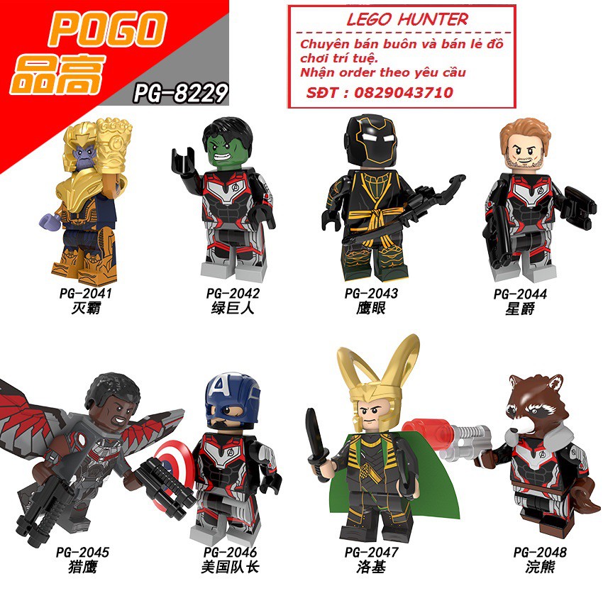 Lego minifigures superheroes End Game nhân vật Thanos Hulk Ronin StarLord Rocket Falcon Loki Captain America PG  8229