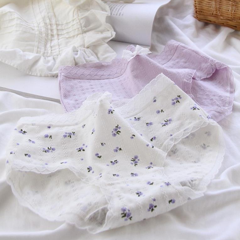 Quần lót nữ cotton sợi tre tone màu tím, cạp ren nơ họa tiết hoa diêm vĩ kháng khuẩn Ql044