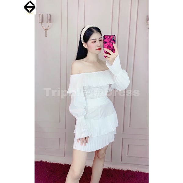 Sét đầm bẹt vai xếp ly bèo + CV tầng hồng sen siêu yêu TRIPBLE T DRESS - Free size dưới 54kg