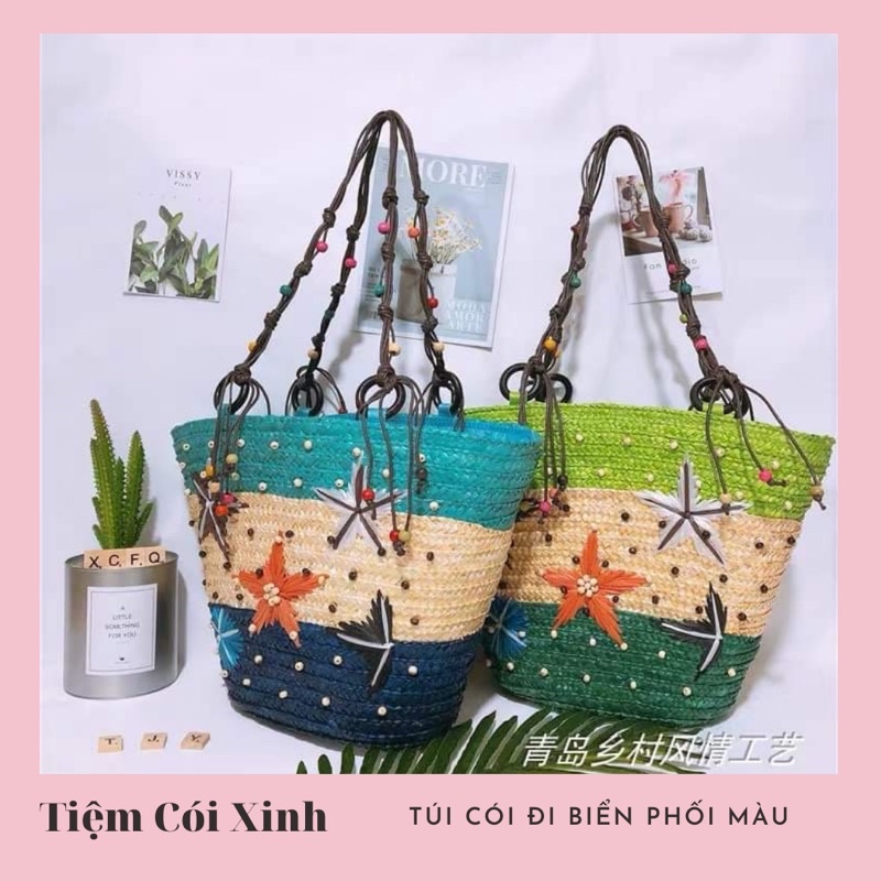 Túi Cói Thêu Sao Biển Phong Cách Boho Cho Nữ Túi Cói To Đi Biển Phối Màu Sắc