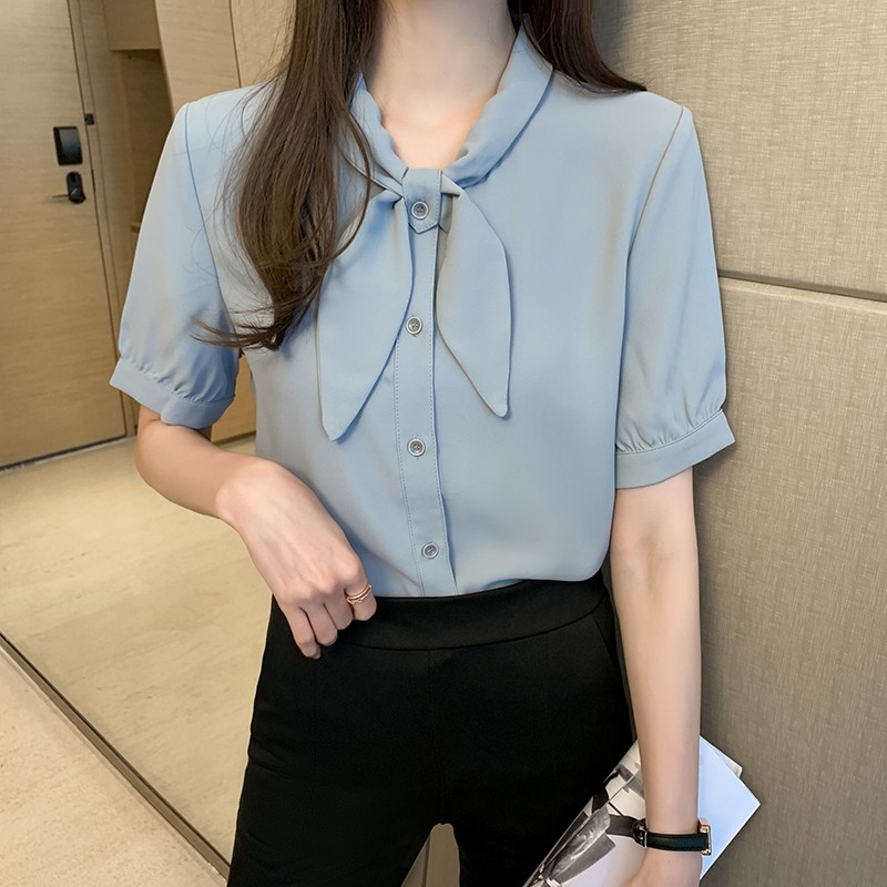 Áo Chiffon Nữ Tay Ngắn Màu Trắng / Xanh Dương
