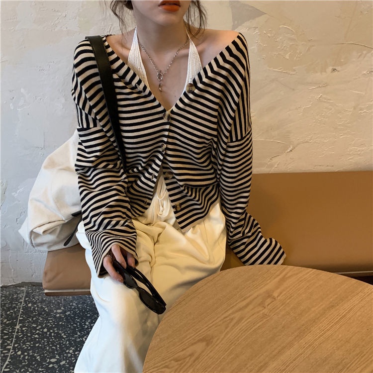 Áo khoác cardigan dệt kim cổ chữ V họa tiết kẻ sọc thời trang xuân thu mới 2021 dành cho nữ