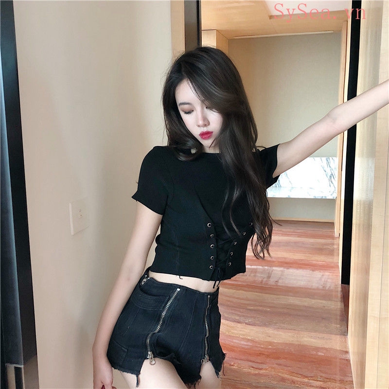 Áo Croptop Dệt Kim Tay Ngắn Thiết Kế Đơn Giản Hợp Thời Trang