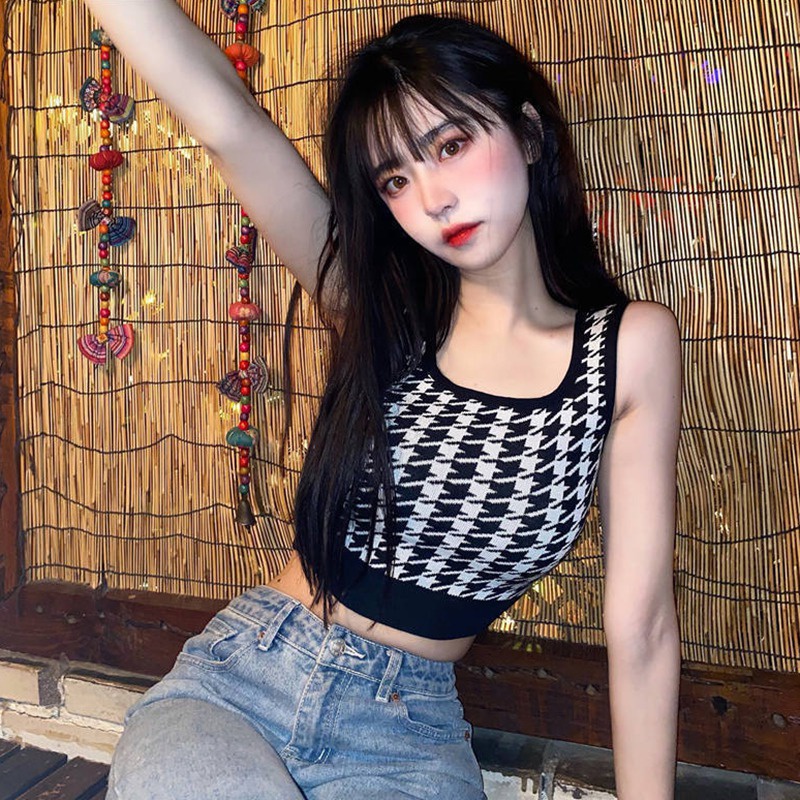 Áo Croptop Dệt Kim Sát Nách Cổ Vuông In Họa Tiết Thời Trang Hàn Quốc Cho Nữ