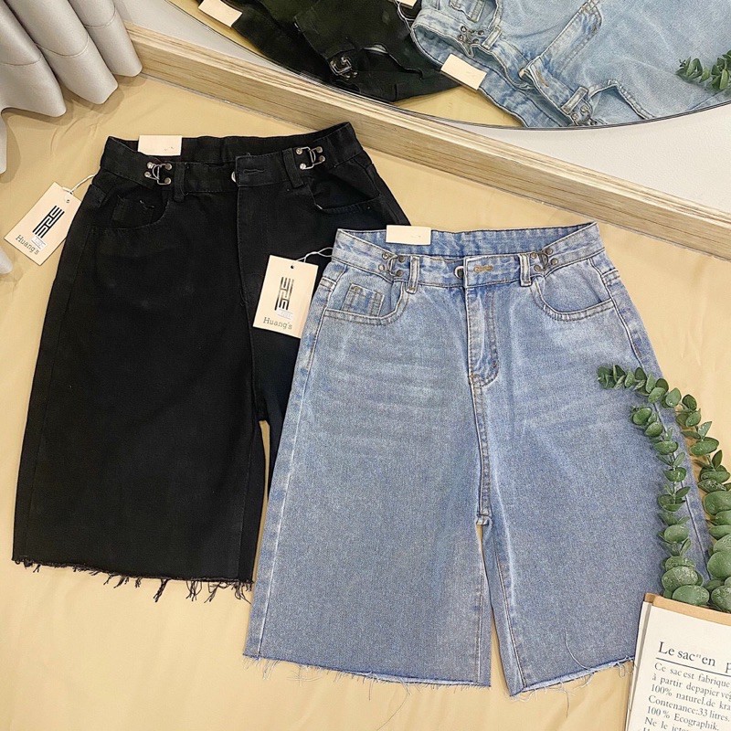 Quần Short Lửng Khoen Eo quần sooc ngố thiết kế lưng quần có điều chỉnh eo lai quần cắt tua rua hàng nhập quảng châu