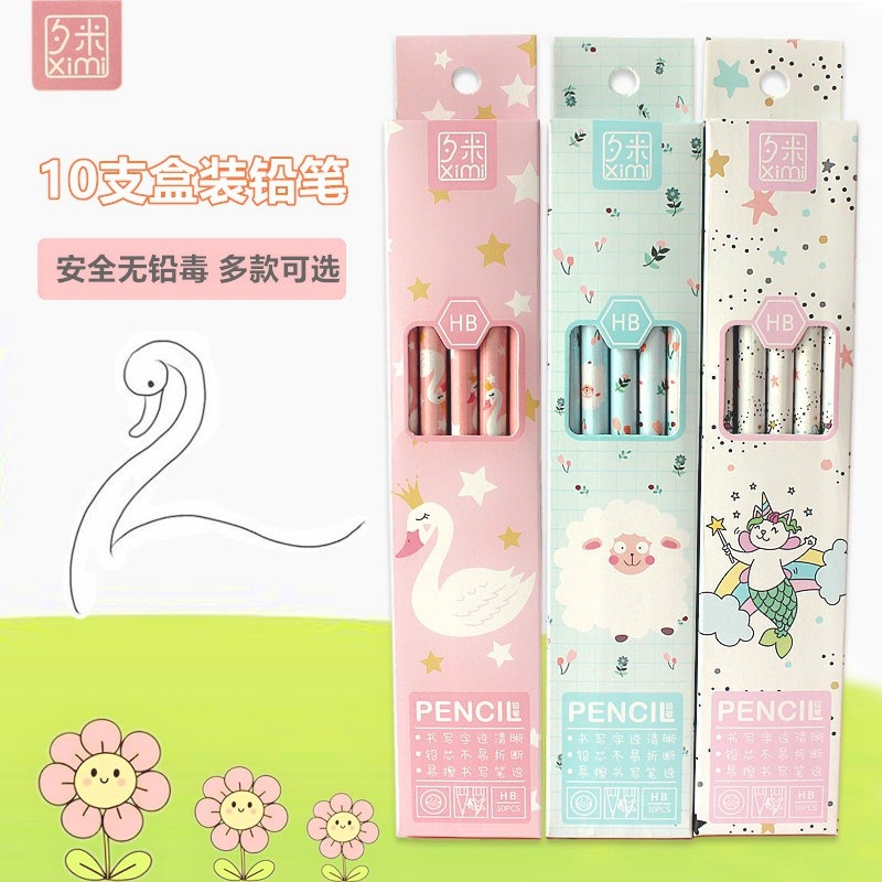 { kho sỉ } Set 10  bút chì chuốt HB cao cấp bằng gỗ kèm hộp nhiều chủ đề hoạt hình ngộ nghĩnh thích hợp làm quà cho bé