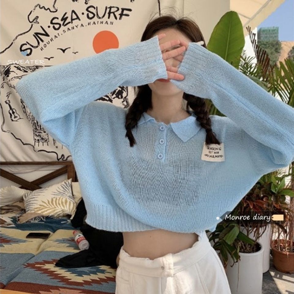 Áo thun Polo dệt kim mỏng tay dài dáng rộng cổ Polo thời trang mùa hè Hàn Quốc mới cho nữ
