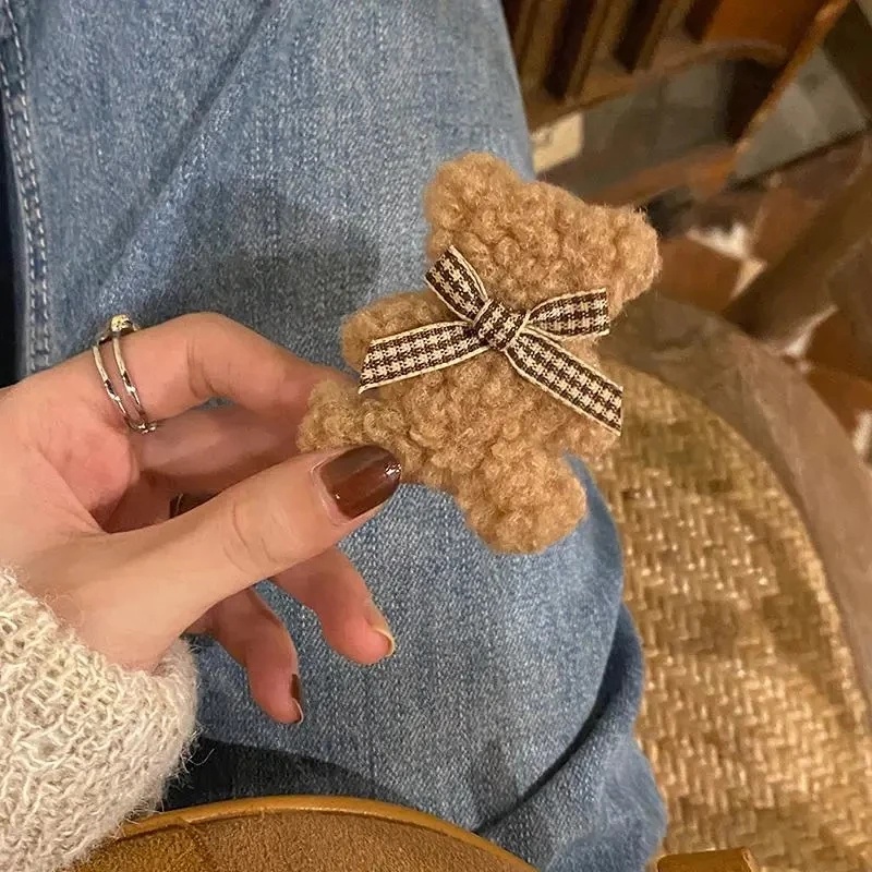 Kẹp Tóc Hình Gấu Hoạt Hình Bằng Lông Nhung Handmade Đáng Yêu Cho Bé Gái