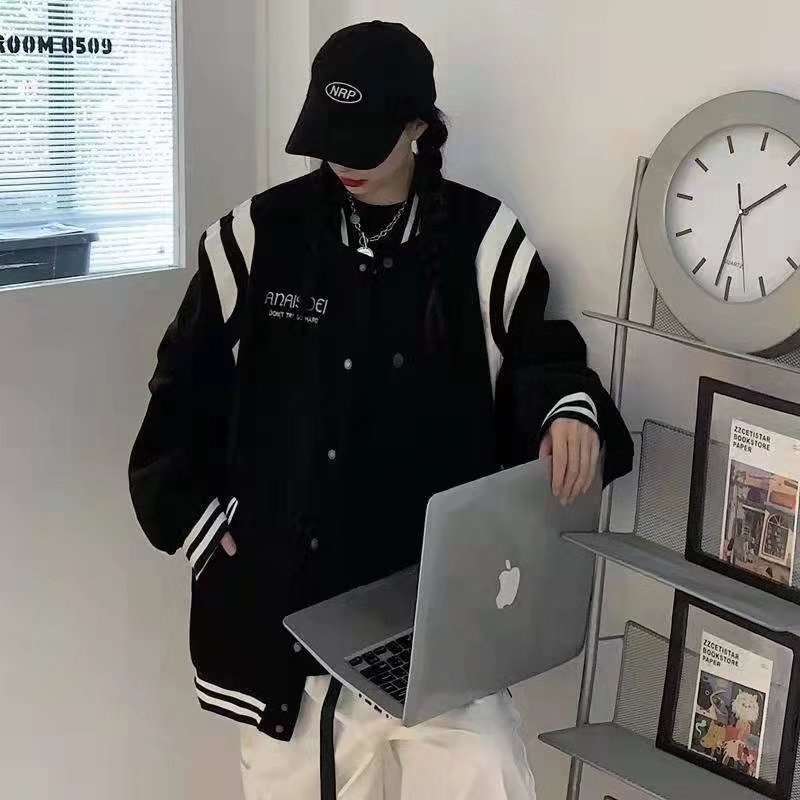 Áo Khoác Bóng Chày Hoạ Tiết Kẻ Sọc Màu Đen Có Size M-3XL đồ đôi áo varsity jacket bigsize áo varsity jacket nam phong cách Hàn Quốc áo khoác bomber nữ