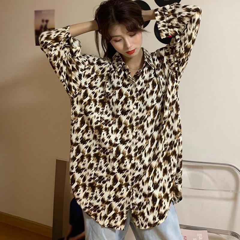 Áo Sơ Mi Tay Dài Dáng Rộng Họa Tiết Da Báo Quyến Rũ Phong Cách Hàn Quốc