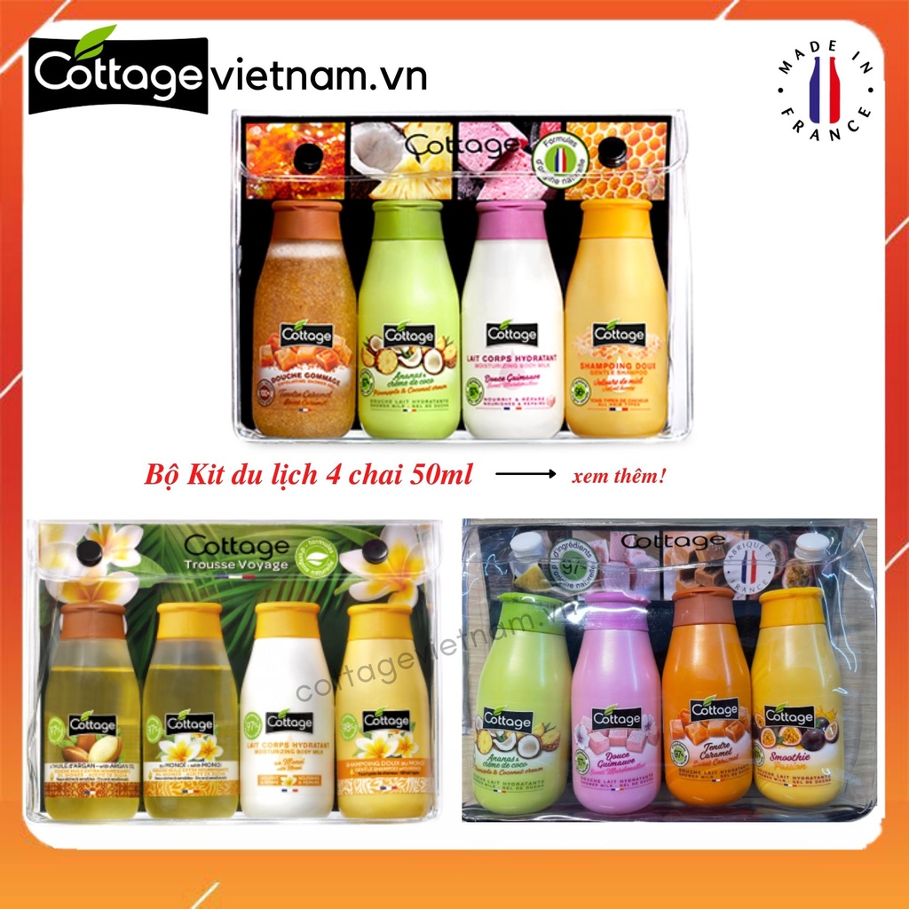 Sét 4 chai du lịch gồm dầu gội, sữa tắm, sữa dưỡng thể chính hãng Cottage 50ml/chai