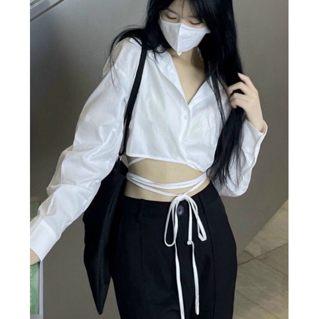 SET CROP SƠ MI TRẮNG CỘT DÂY EO + QUẦN SUÔNG ĐEN✨