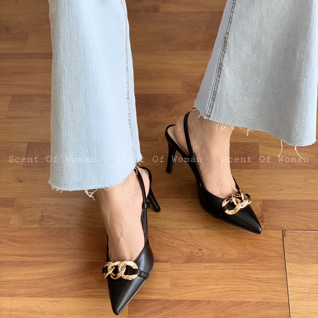 Giày cao gót mũi nhọn đính dây xích thời trang gót nhọn cao 7cm