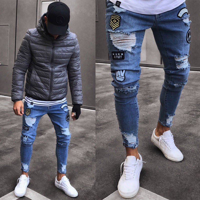 Quần Jeans Dài Phối Rách Thời Trang Dành Cho Nam