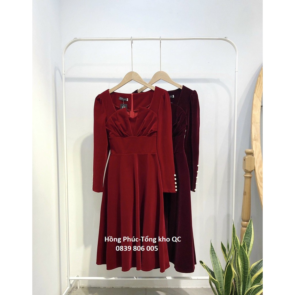 Váy nhung tiểu thư  tay đính ngọc hàng quảng châu cách điệu | BigBuy360 - bigbuy360.vn