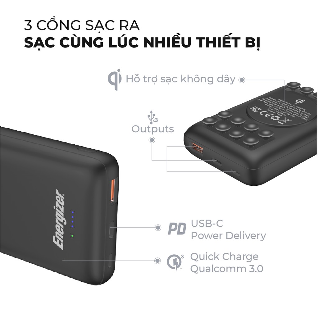 Combo sạc dự phòng không dây Energizer 10,000mAh QP10000PQ và đế sạc không dây WCP105 kèm cáp Micro USB