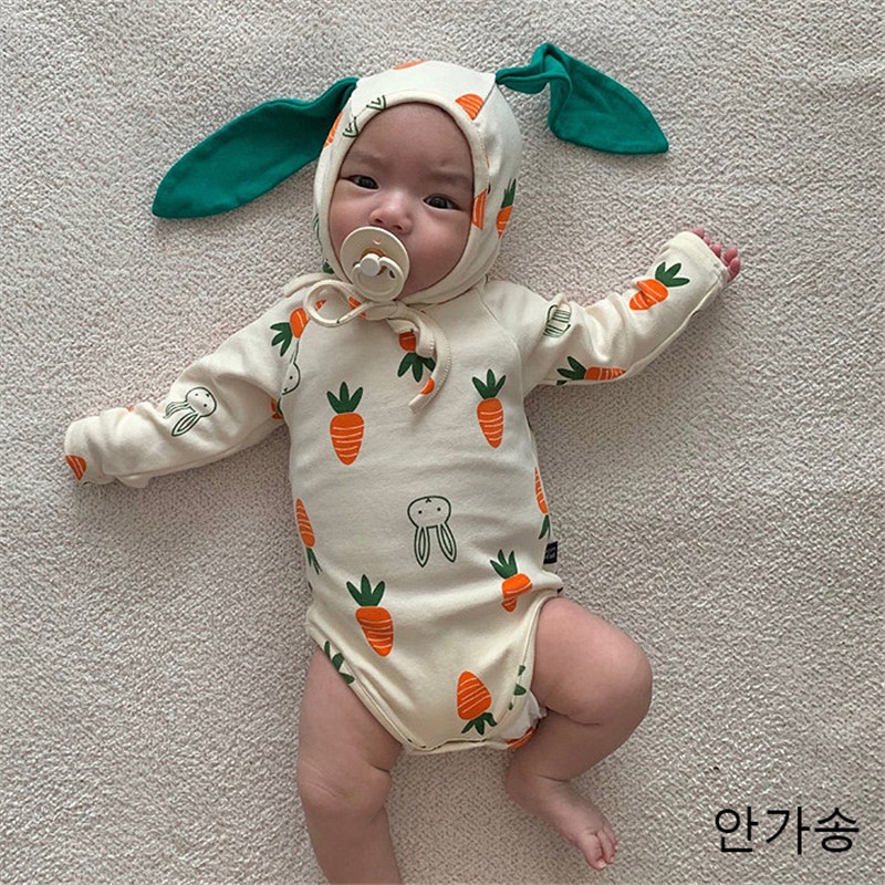 Bộ Áo Liền Quần + Nón In Hình Củ Cà Rốt Dễ Thương Dành Cho Trẻ Sơ Sinh