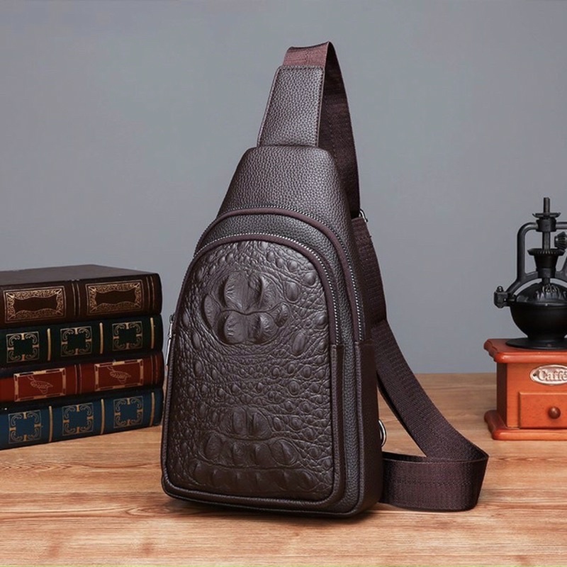 Túi đeo chéo da bò dập Vân cá sấu, túi xách da bao tử nam đeo ngực hông bụng cao cấp đẹp - A&ESHOP 65657