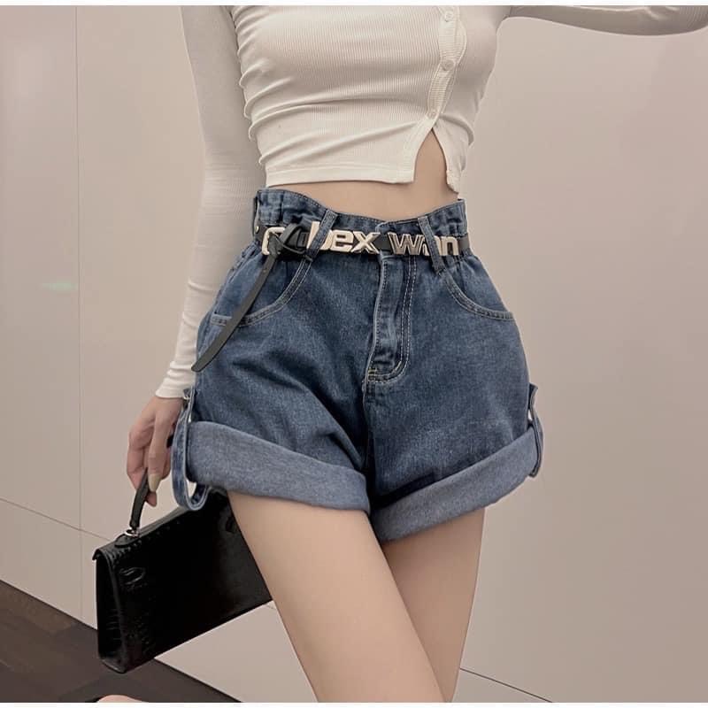 Quần short jean nữ ống rộng lưng cao gấp gấu khuy sườn- sooc bò demin về 2 màu xanh khói phối chun eo hàn quốc