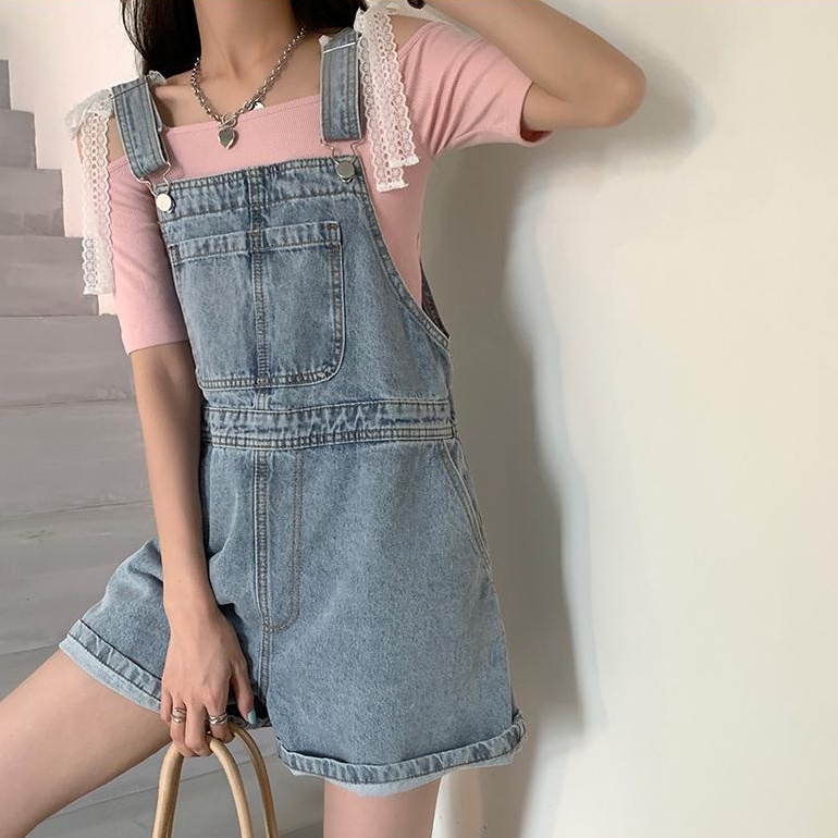 Quần yếm SUXI denim ống rộng lưng cao màu sắc trơn thời trang cho nữ