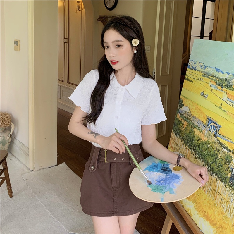 ÁO SƠ MI TAY NGẮN DÁNG NGẮN VẢI XỐP NHĂN NHIỀU MÀU HỒNG XANH TRẮNG TRƠN HÀN QUỐC