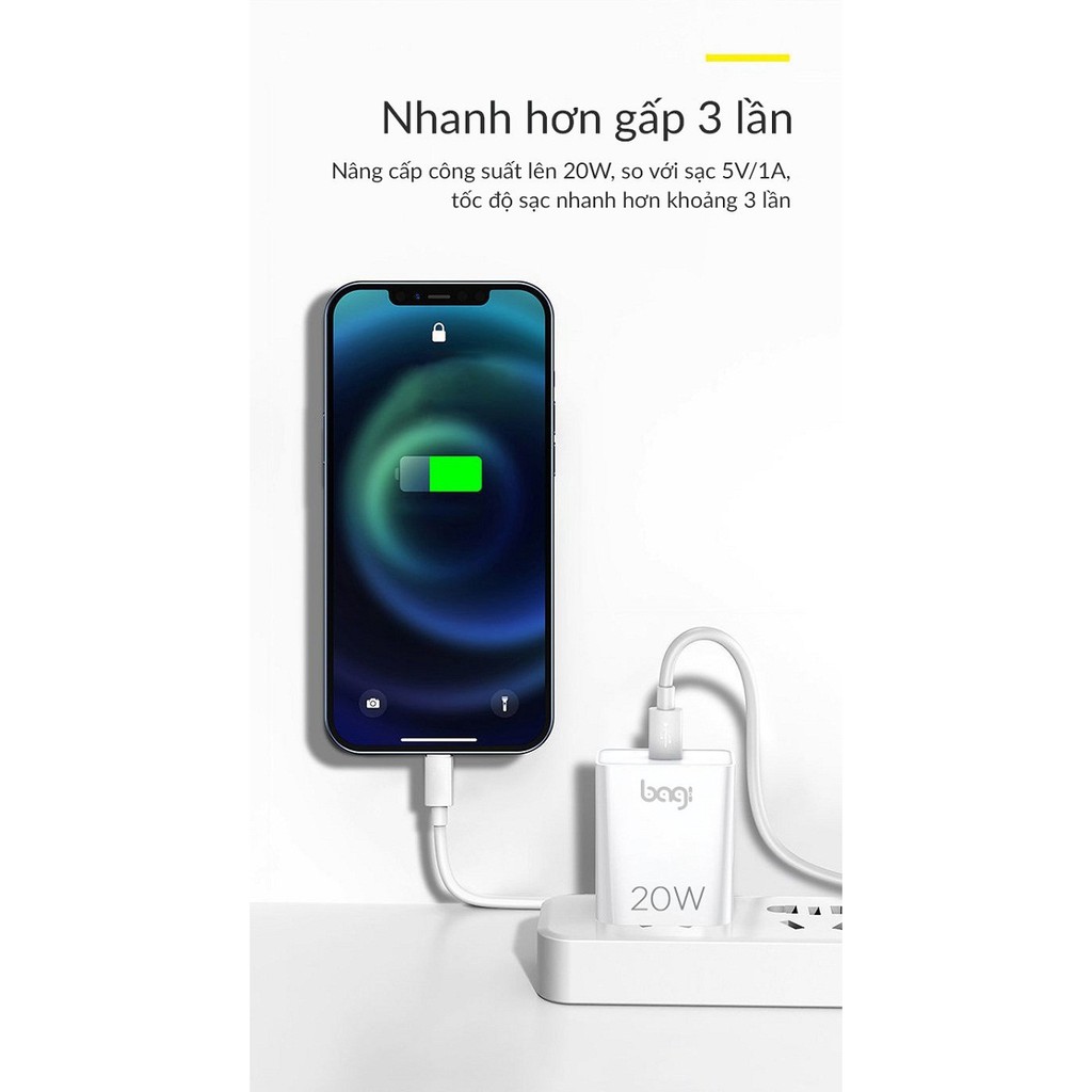 Combo sạc nhanh chính hãng BAGI cho iphone củ sạc 20W CB-PD20i dây Type c to Lightning Bảo hành 1 ĐỔI 1 trong 12 tháng