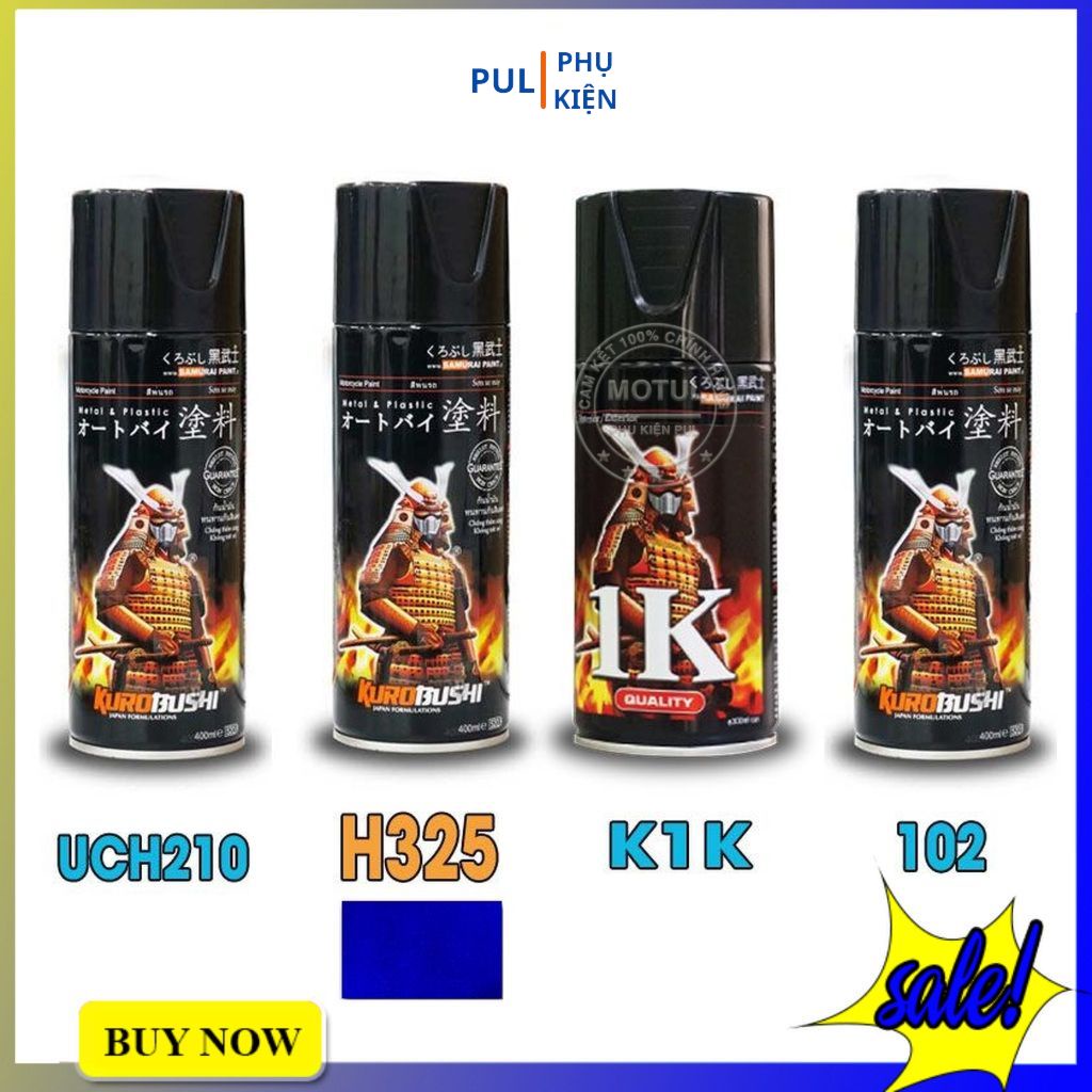 Combo 4 chai sơn samurai màu xanh dương wave gồm H325 - UCH210 - 102 - K1K - giấy nhám P800