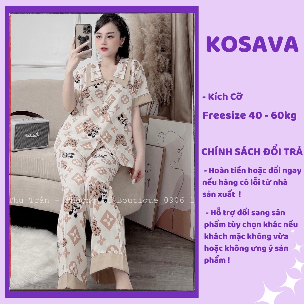 Đồ bộ nữ pijama mặc nhà cổ nhọn tay ngắn dễ thương chất liệu satin cao cấp KOSAVA