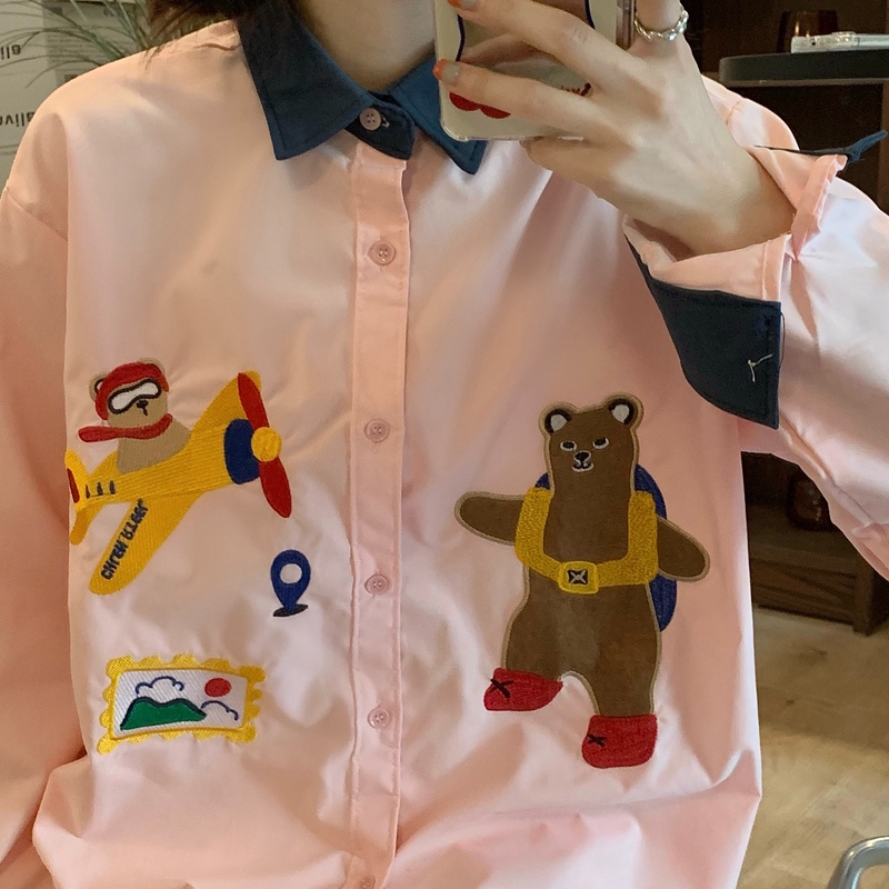 Áo sơ mi ZHELIHANGFEI tay dài dáng rộng thêu họa tiết phong cách Nhật sành điệu