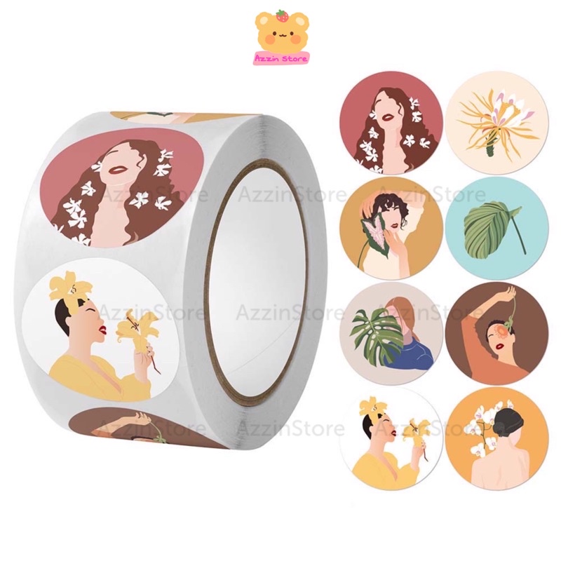 Cuộn 500 Tem Nhãn Dán Hình Các Cô Gái Vintage Tone Màu Nâu Sticker Cám Ơn Decal 2.5cm/1Inch Thank You Azzin Store ND108