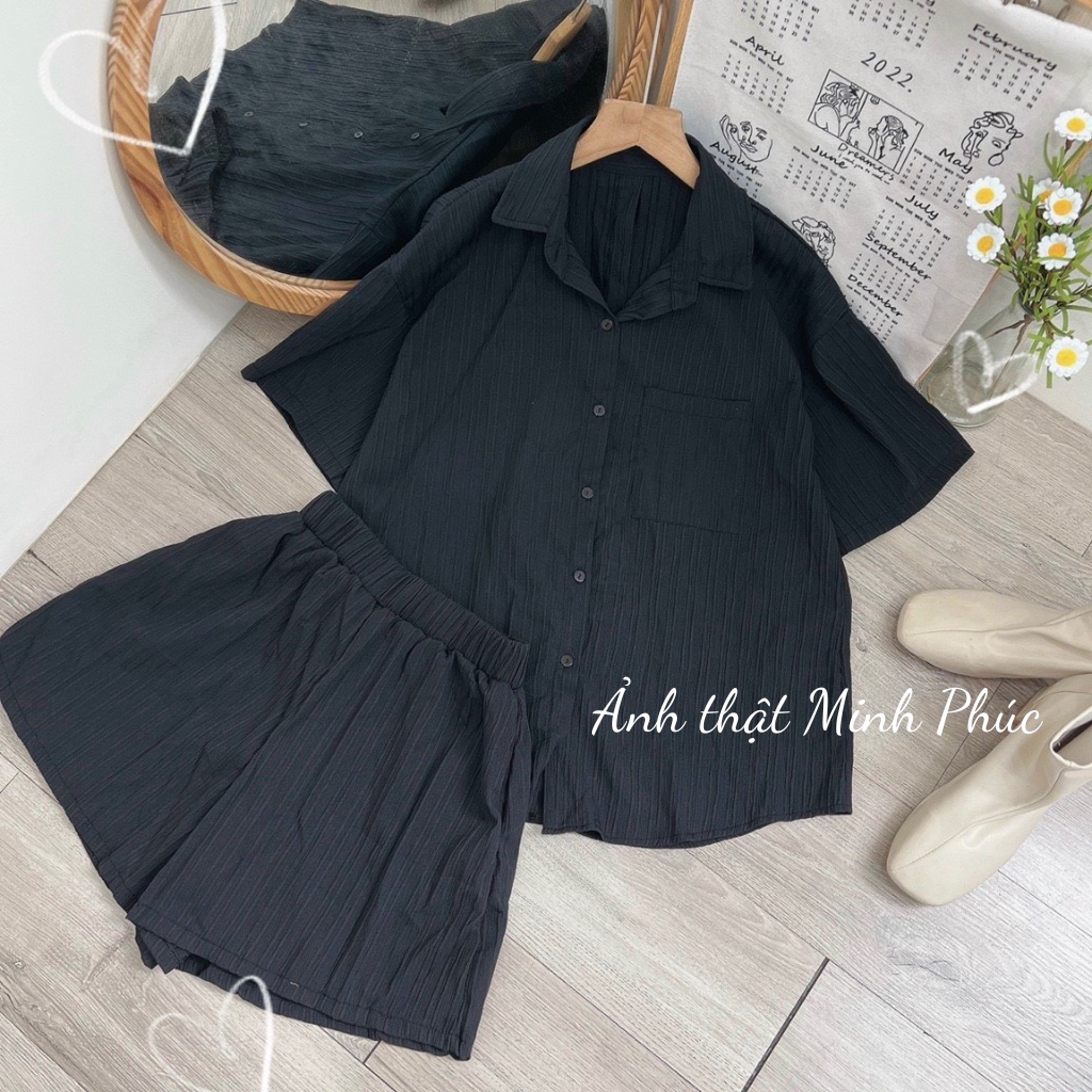 Set Quần Áo Nữ, Bộ Đi Chơi Đi Biển Sang Chảnh Áo Sơ Mi Cách Điệu Phối Quần Đùi Màu Xanh Bơ, Trắng, Nâu,đen Xm Minh Phúc