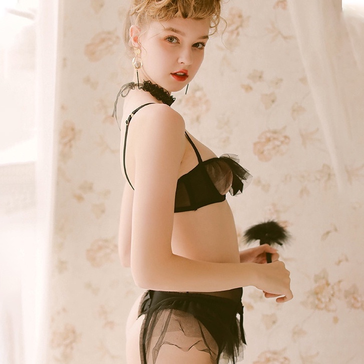 Bộ đồ lót cúp nửa V644 vải ren đen xuyên thấu gợi cảm cho nữ Varsbaby