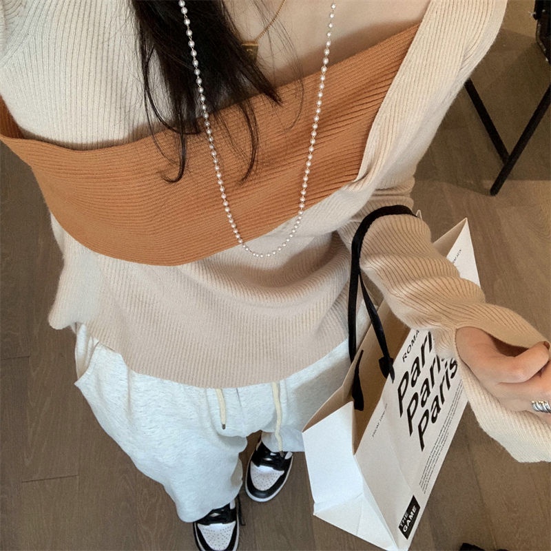 【77】 Áo sweater dệt kim dáng ôm màu sắc tương phản thời trang thu đông cho nữ