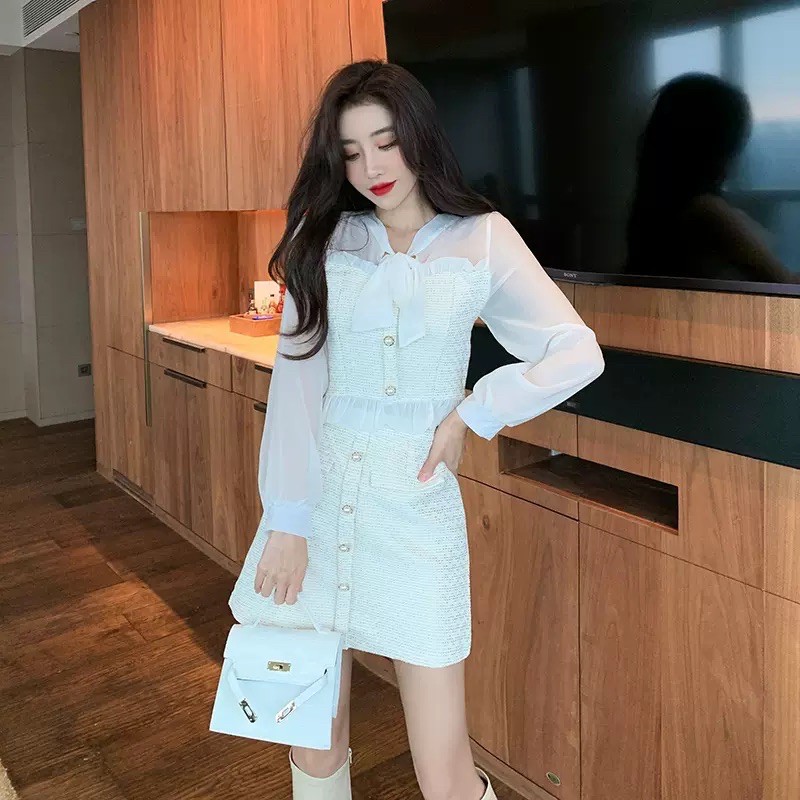 order Set áo tweed phối voan chân váy tweed chữ A cúc ngọc(hình thật ở cuối)