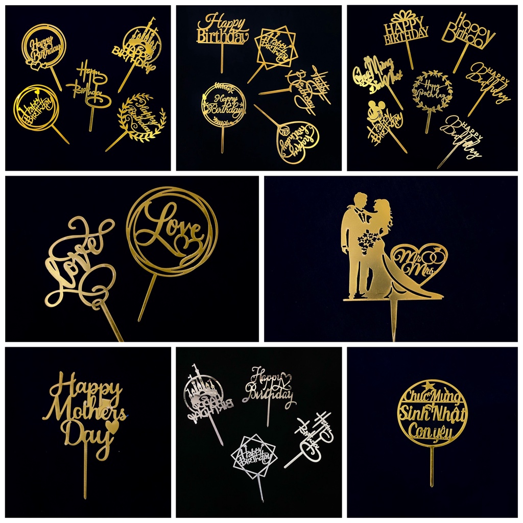 Cây cắm hpbd mica vàng đen cắm bánh sinh nhật ngẫu nhiên
