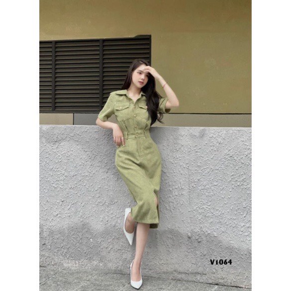 Váy sơ mi nhung tăm dáng dài xẻ trước chun sau sang trọng