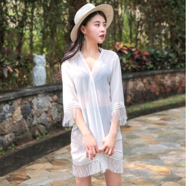 Áo choàng Bikini, Kimono dáng dài 2 màu đen trắng (Ảnh khách) | BigBuy360 - bigbuy360.vn